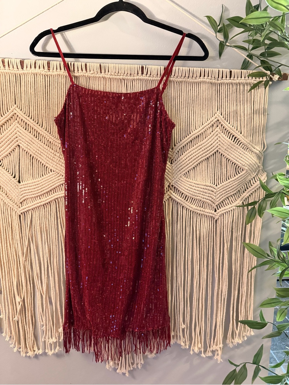 Trixxi Red Sequin Fringe Slip Dress